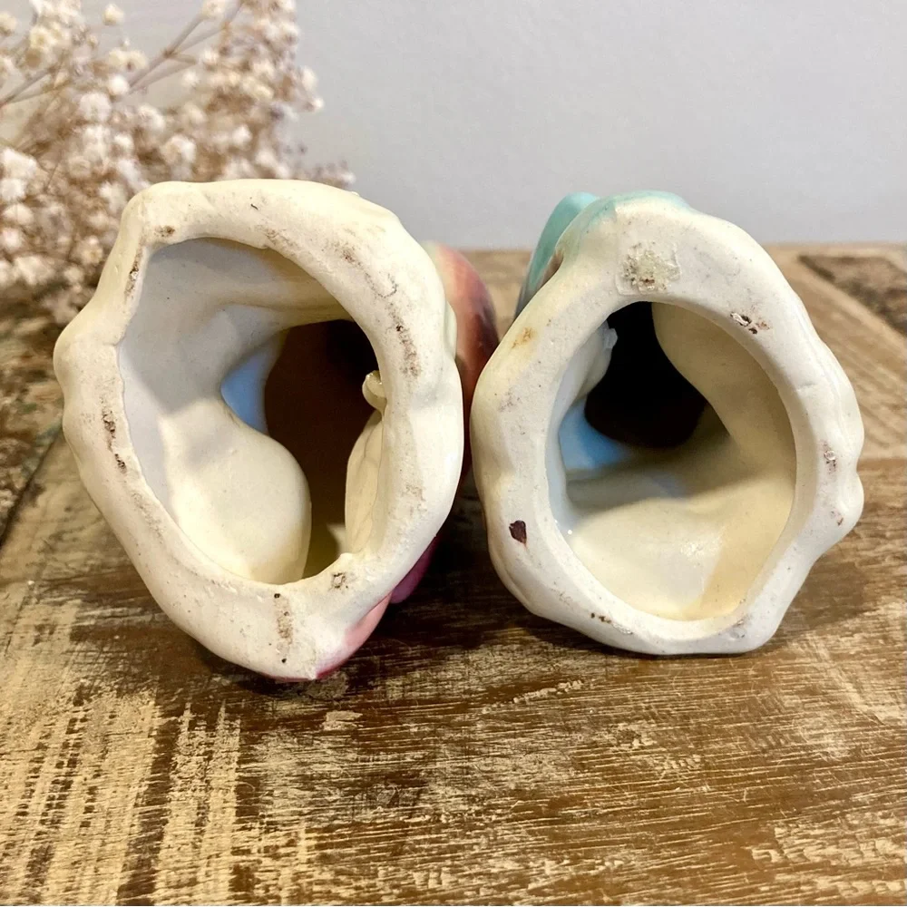 Pair Vintage Parakeet Ceramic Figurines 6” Tall Pinks and Blue